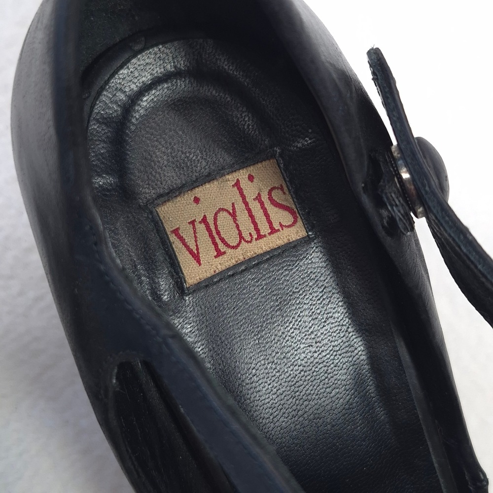 Vialis Black Leather Mary Jane Heels Buttoned Strap Round Toe Size 6 - Picture 3 of 12